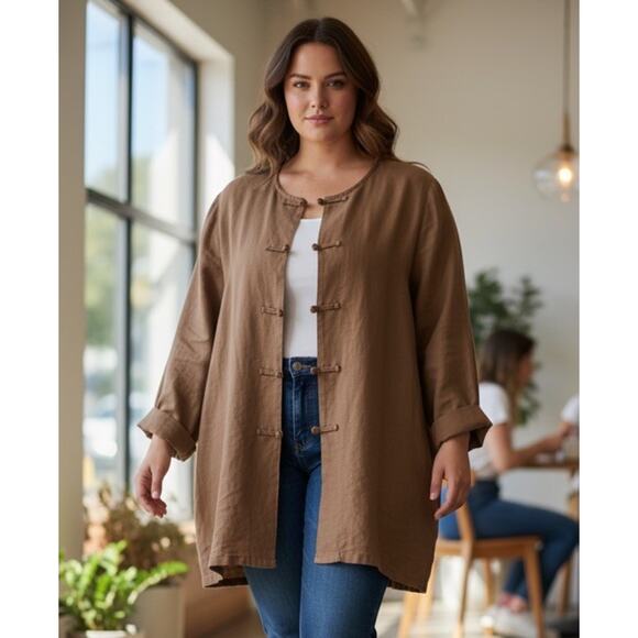 MAGGIE BARNES Shirt Womens PLUS SIZE 2X brown Linen Jacket - Picture 1 of 11
